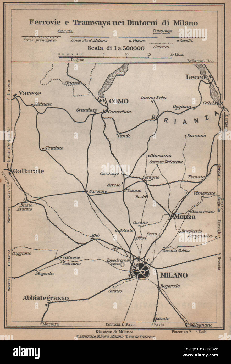 NEI DINTORNI TRAMWAYS FERROVIE E DI MILANO. Chemins de Côme, Lecco Monza 1895 map Banque D'Images