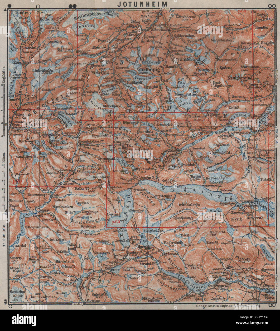 Topo Nasjonalpark JOTUNHEIMEN-map. La Norvège de kart. 1912 BAEDEKER, Banque D'Images