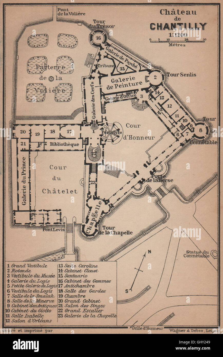 CHÂTEAU DE CHANTILLY plan d'étage. Oise carte. 1900 BAEDEKER, carte antique Banque D'Images