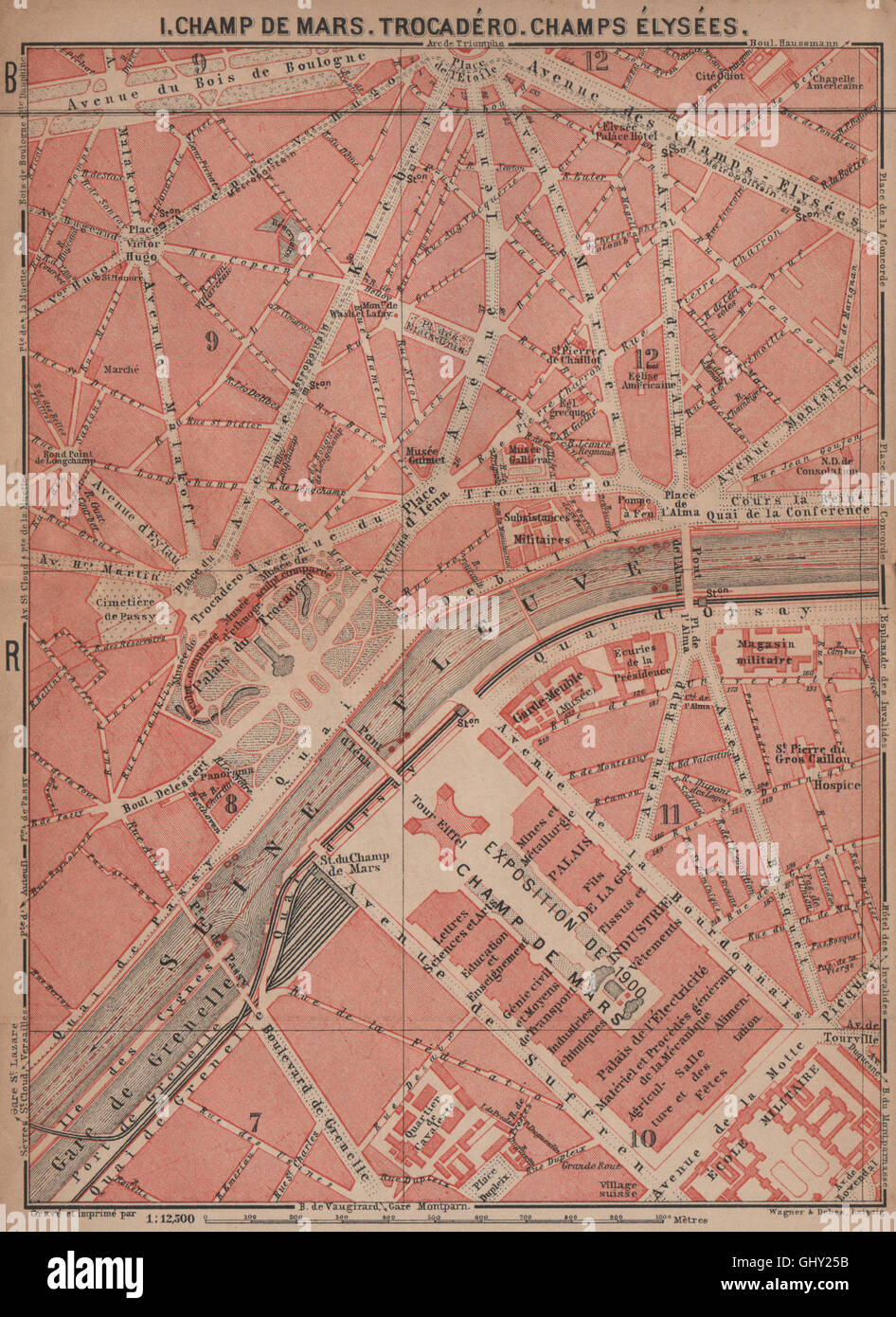 CHAMP DE MARS TROCADÉRO CHAMPS ÉLYSÉES town city plan. Paris 7e 8e 16e, 1900 map Banque D'Images