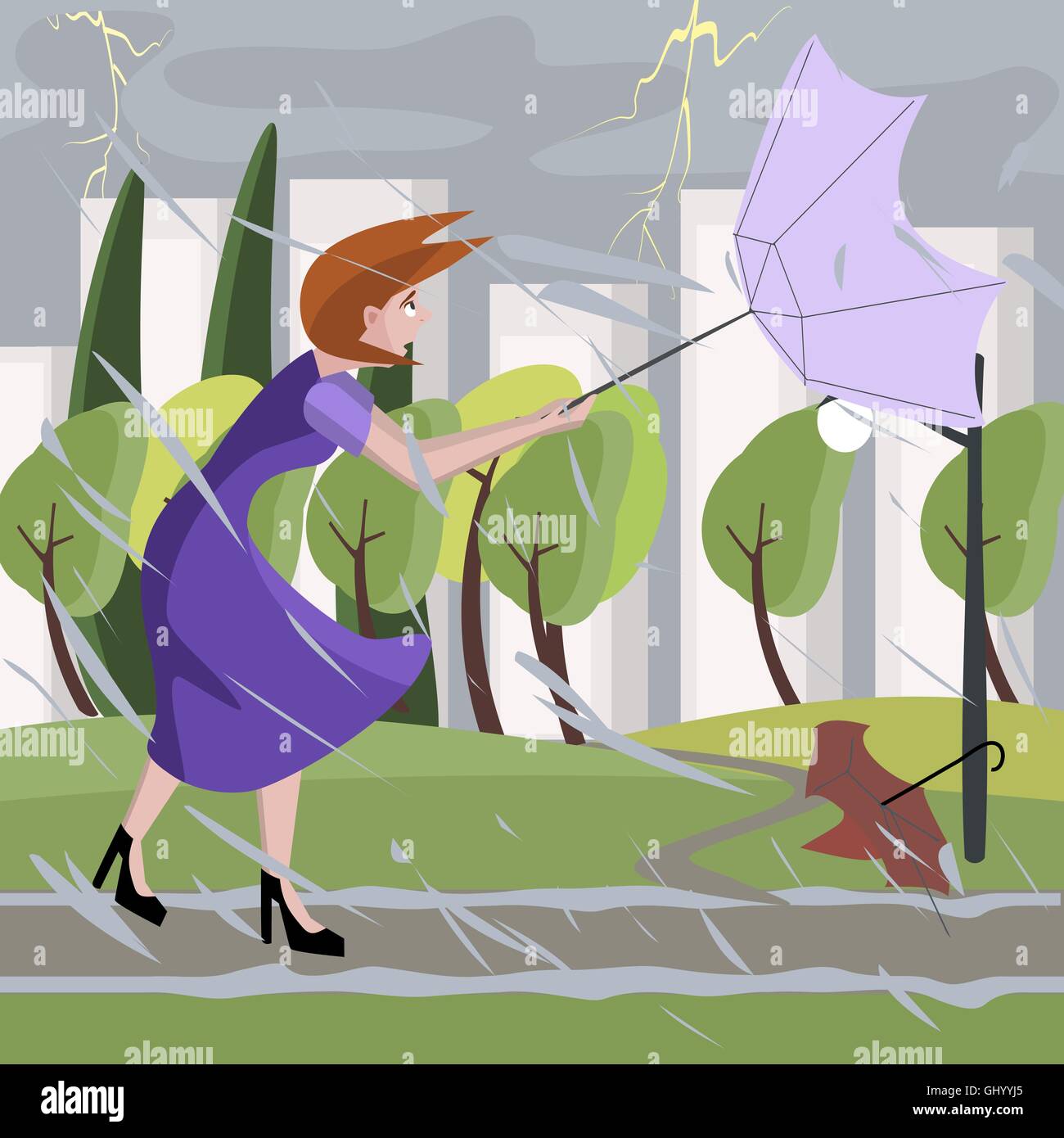 Woman walking at summer storm - illustration cartoon coloré Illustration de Vecteur