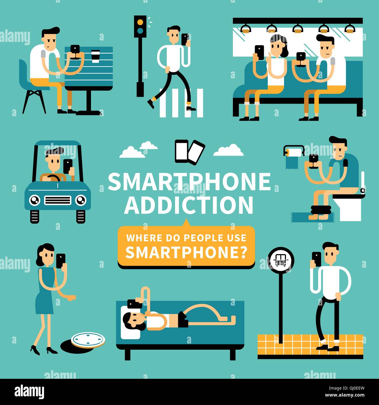 Smart phone addiction phénomène dans modèle plat Illustration de Vecteur