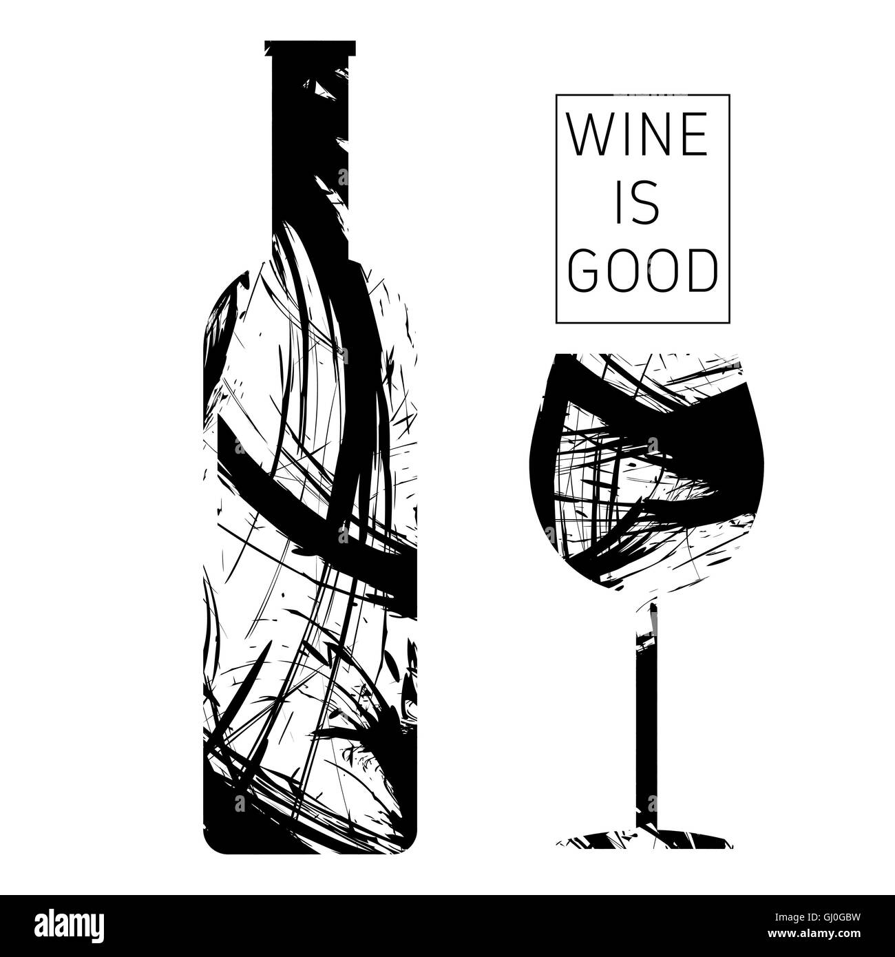 Carte de dégustation de vin en contours noirs, avec une bouteille et un verre sur un fond blanc. Digital image vectorielle. Banque D'Images