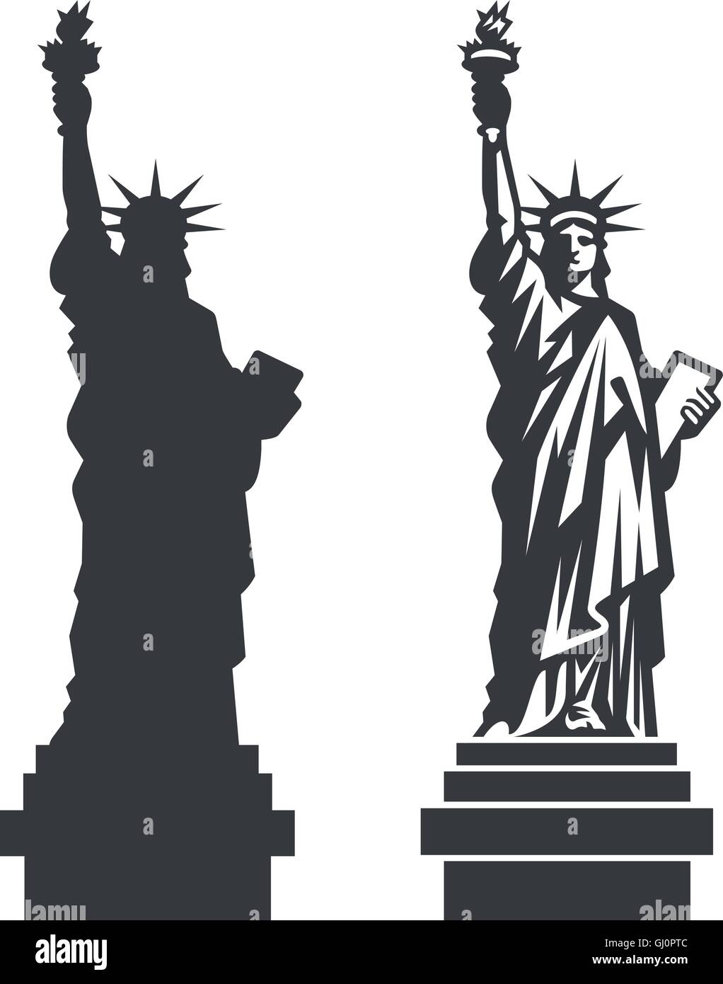 Silhouette double de la fameuse Statue de la Liberté à New York City Illustration de Vecteur