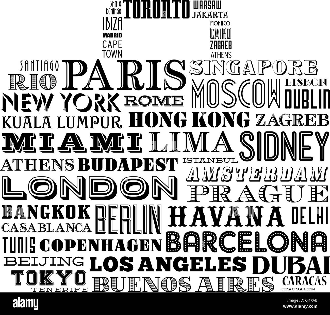 Conception d'un vecteur forme sac de voyage composé de noms de villes célèbres de partout dans le monde Illustration de Vecteur