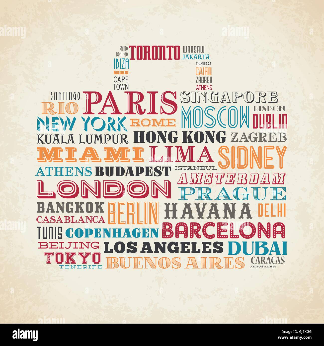 Vector design d'un sac de voyage grunge composé de noms de villes célèbres de partout dans le monde Illustration de Vecteur