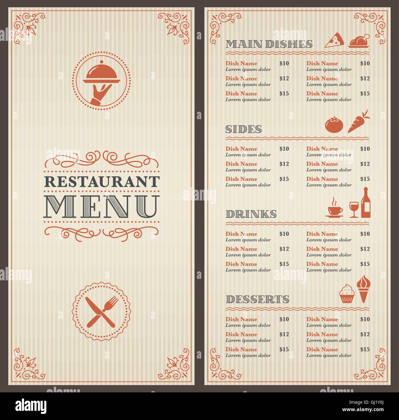 Un modèle de menu restaurant classique avec de belles icônes dans un style élégant Illustration de Vecteur