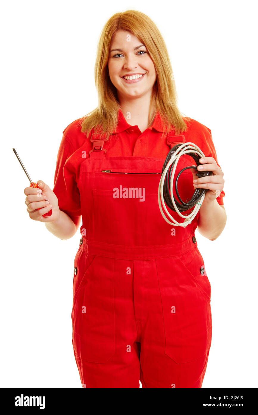 Smiling blonde femme avec un ensemble rouge en tant qu'électricien Banque D'Images