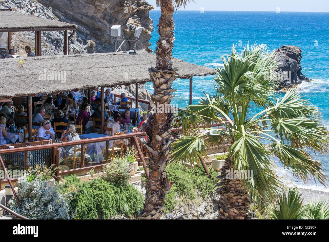 La Cala Restaurant donnant sur la plage de Cala del Barco dans la La Manga Club Resort, Murcie, Espagne Banque D'Images