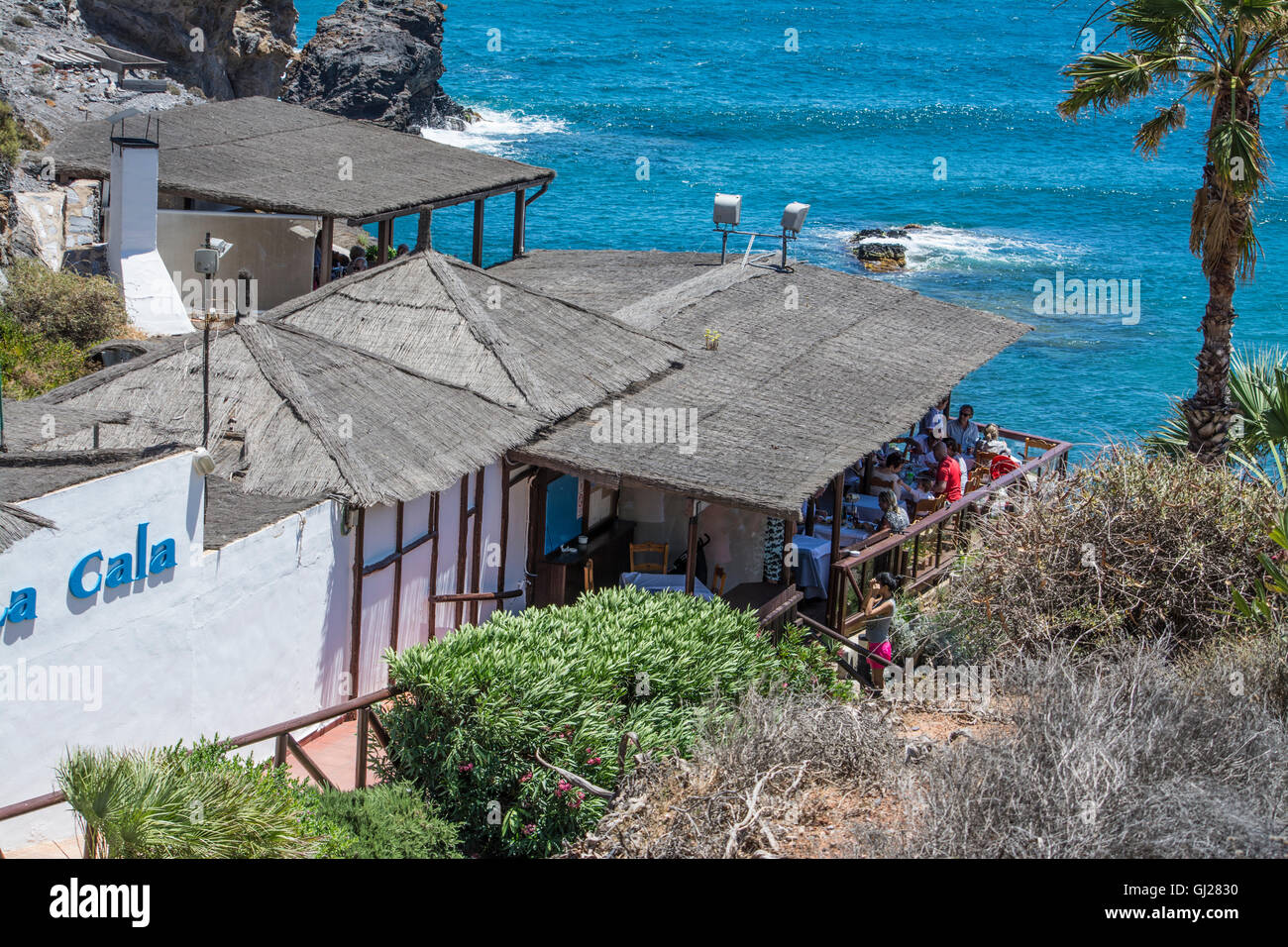 La Cala Restaurant donnant sur la plage de Cala del Barco dans la La Manga Club Resort, Murcie, Espagne Banque D'Images