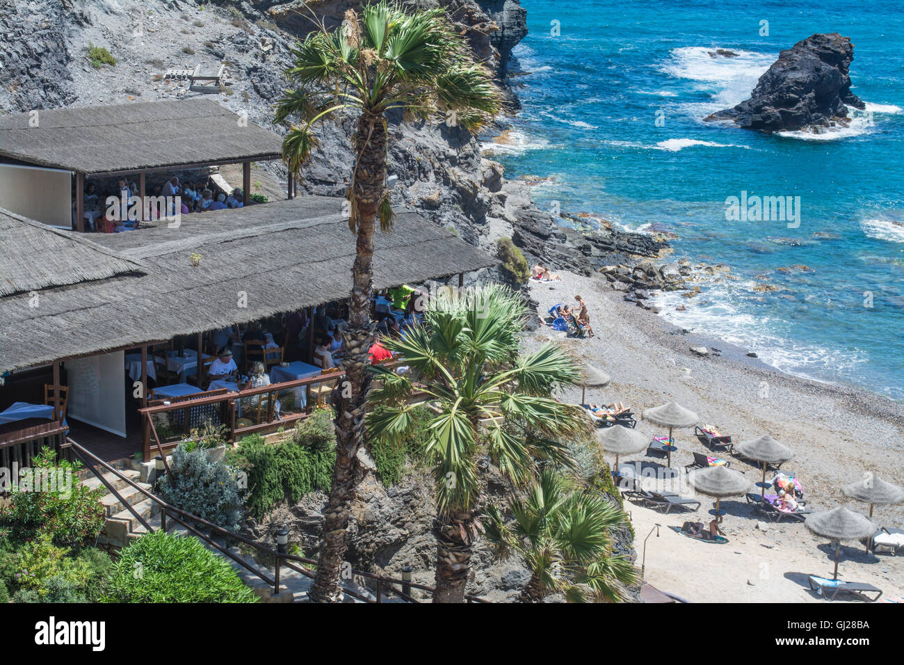 La Cala Restaurant donnant sur la plage de Cala del Barco dans la La Manga Club Resort, Murcie, Espagne Banque D'Images