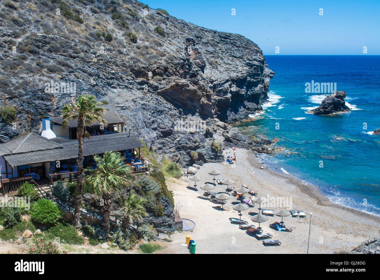 La Cala Restaurant donnant sur la plage de Cala del Barco dans la La Manga Club Resort, Murcie, Espagne Banque D'Images