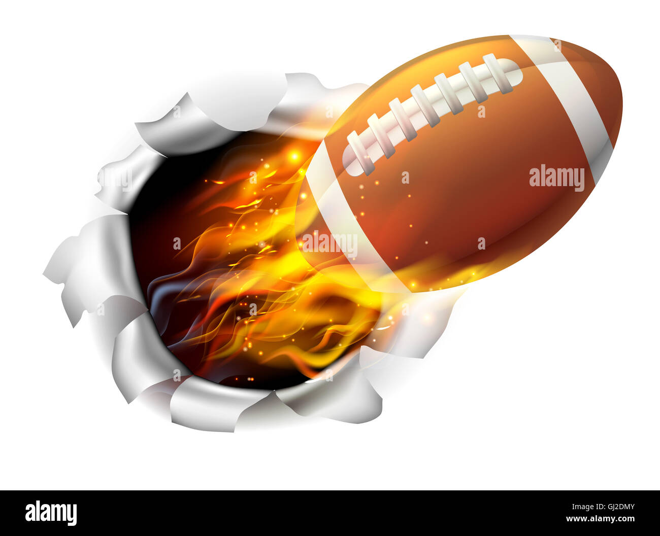 Une illustration d'une balle de football américain en flammes brûler sur le feu déchire un trou dans l'arrière-plan Banque D'Images