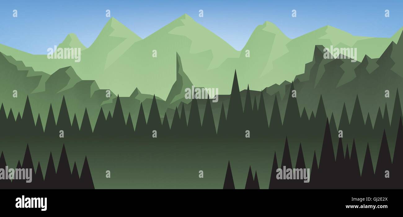 Paysage abstrait avec une forêt sombre et vert avec des montagnes. Vector image numérique Illustration de Vecteur