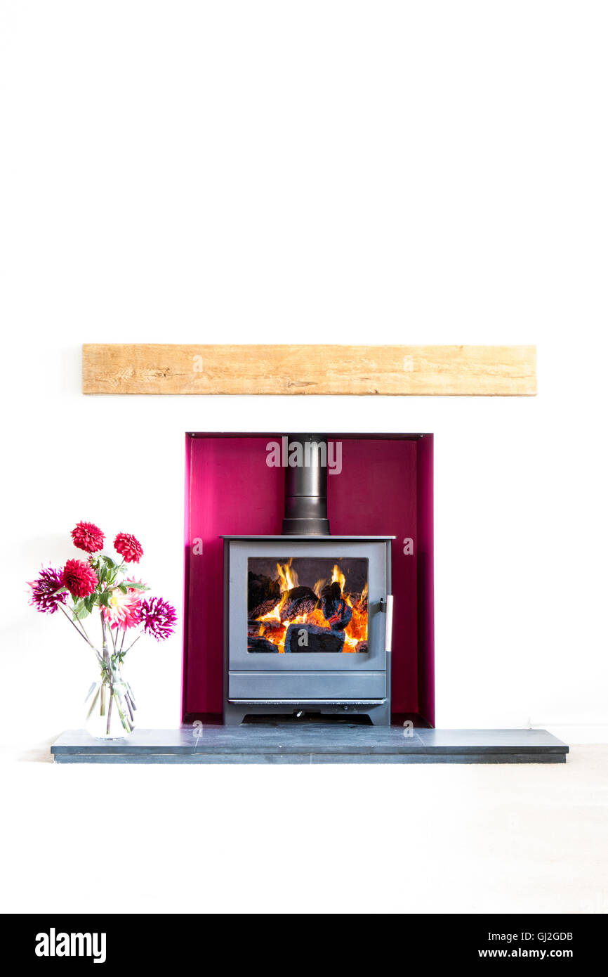 Poêle à bois, avec bon feu de bois, dans un renfoncement de couleur magenta dans une chambre blanche avec un vase de fleurs de dahlia. High key Banque D'Images