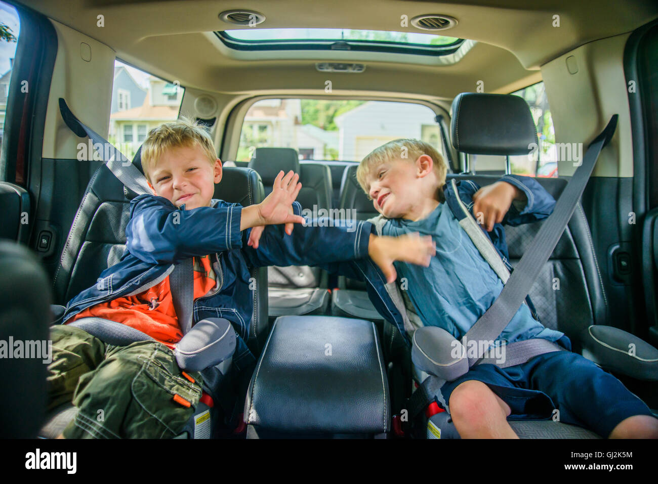 Les frères jumeaux assis à l'arrière du véhicule, la lutte contre Banque D'Images