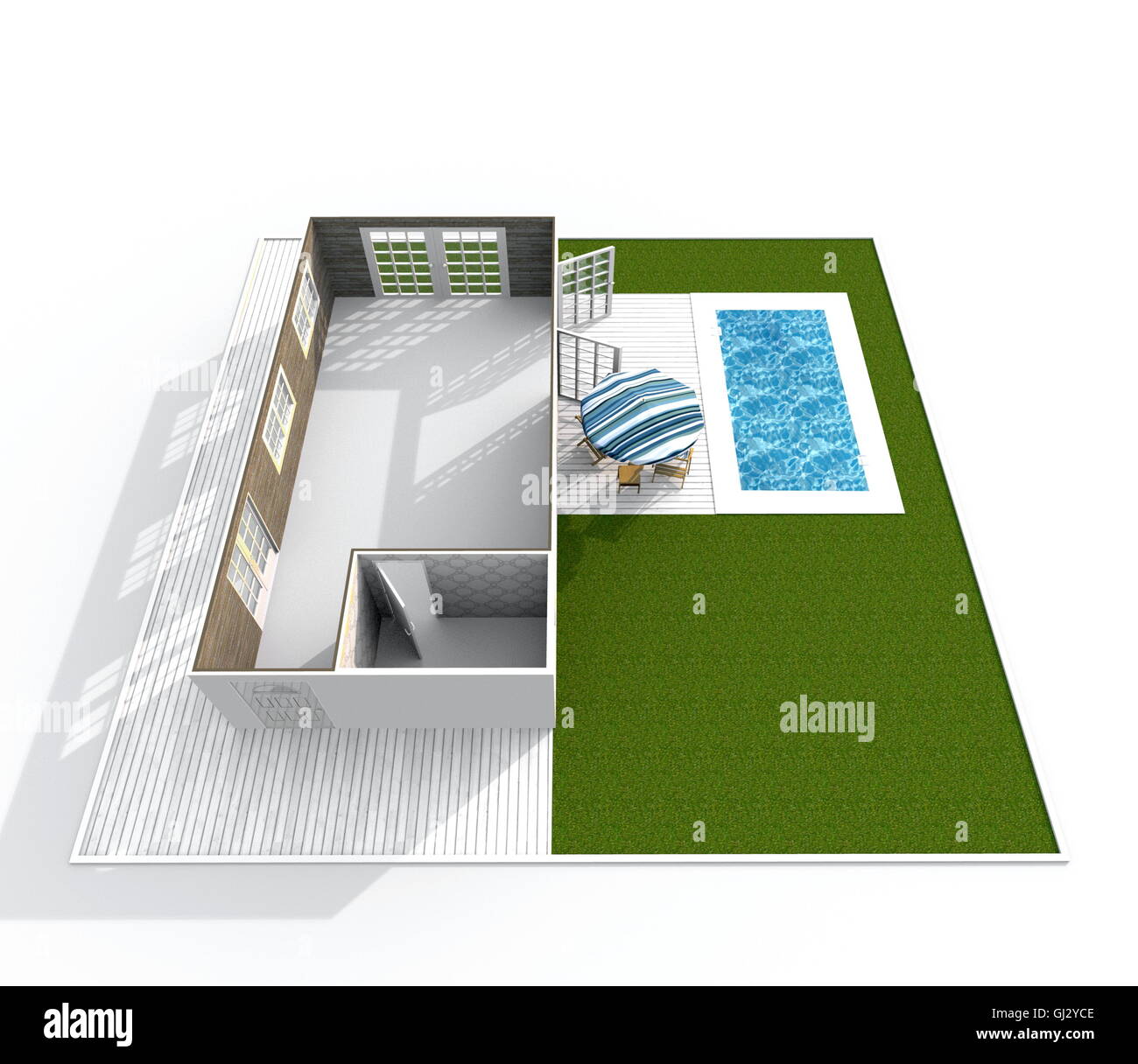 Le rendu 3D Intérieur vue perspective de vide appartement bungalow avec jardin verdoyant et piscine Banque D'Images