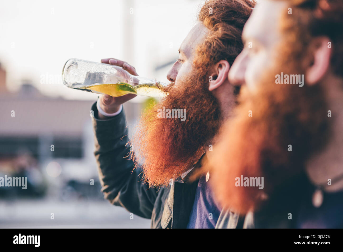 Profil de jeune homme hipster twins avec les cheveux rouges et barbes de boire la bière en bouteille Banque D'Images