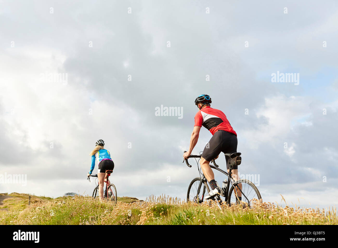 Les cyclistes équitation passé meadow Banque D'Images