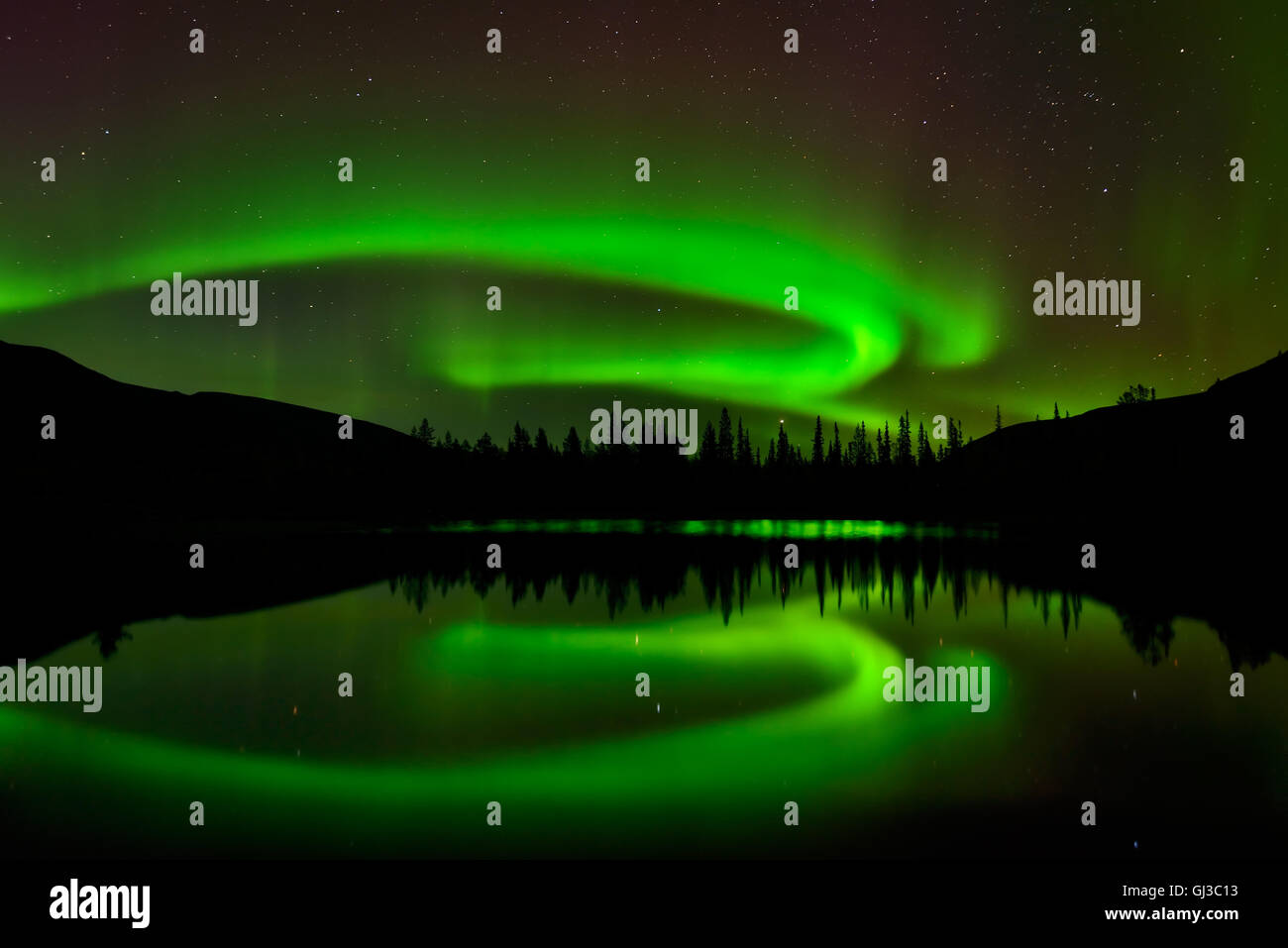 Aurore boréale au-dessus de la région des lacs polygonales dans la nuit, les montagnes Khibiny, péninsule de Kola, Russie Banque D'Images