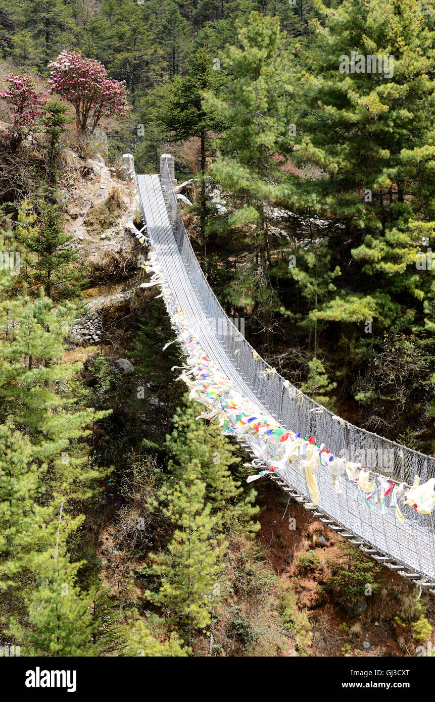 Pont suspendu sur la rivière Dudh Kosi dans l'est du Népal, région de l'Everest Banque D'Images