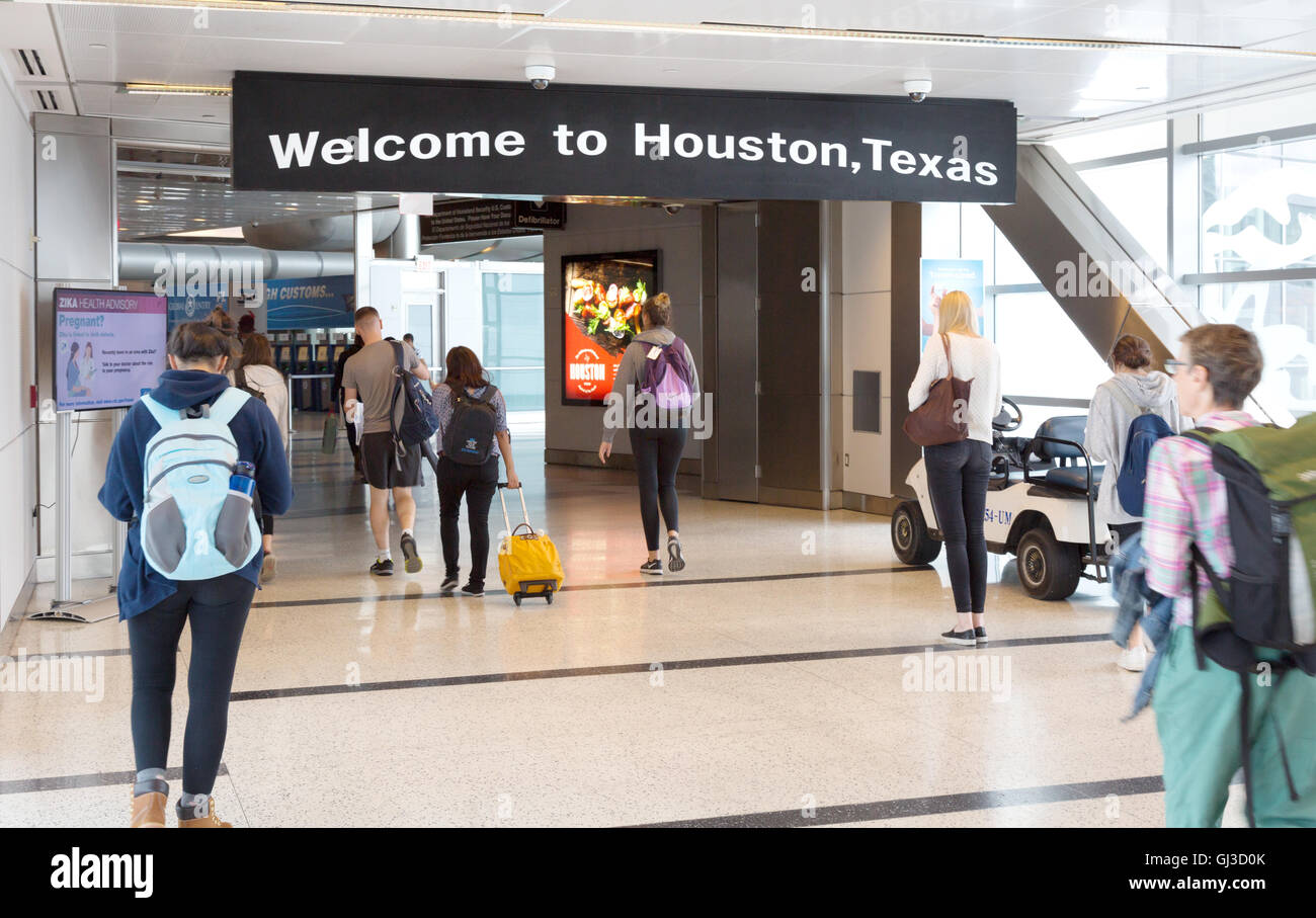 'Bienvenue à Houston, Texas' signe, arrivées, George Bush Intercontinental Airport, Houston, Texas, USA Banque D'Images