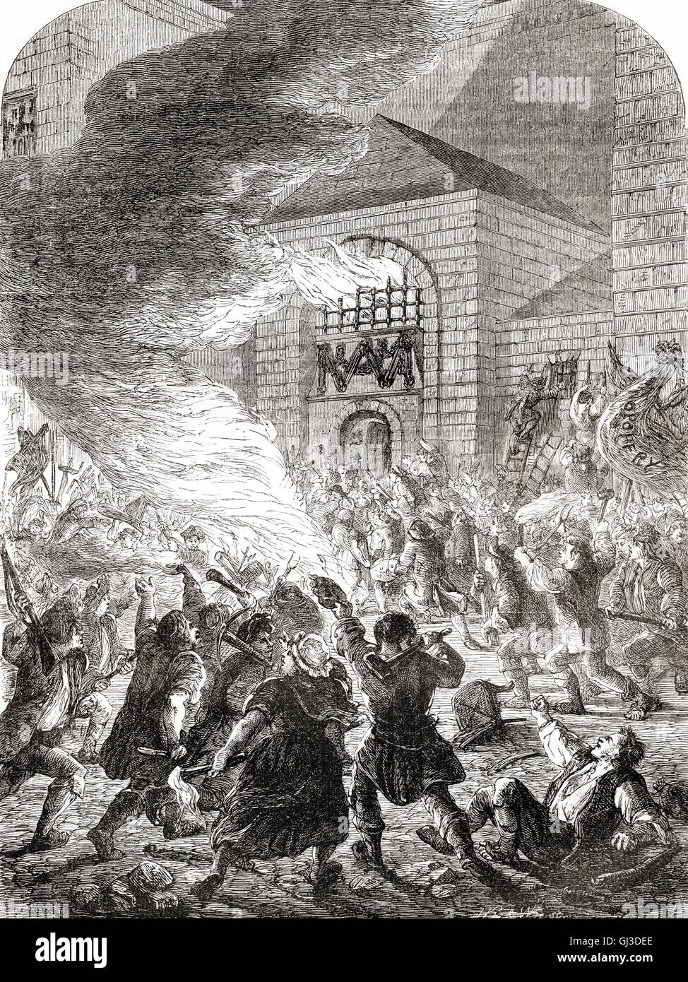 L'incendie de la prison de Newgate, Londres, Angleterre par le No-Popery "émeutiers" au cours de la Gordon Riots de 1780. Une manifestation à Londres contre la loi de 1778 Les papistes. Banque D'Images