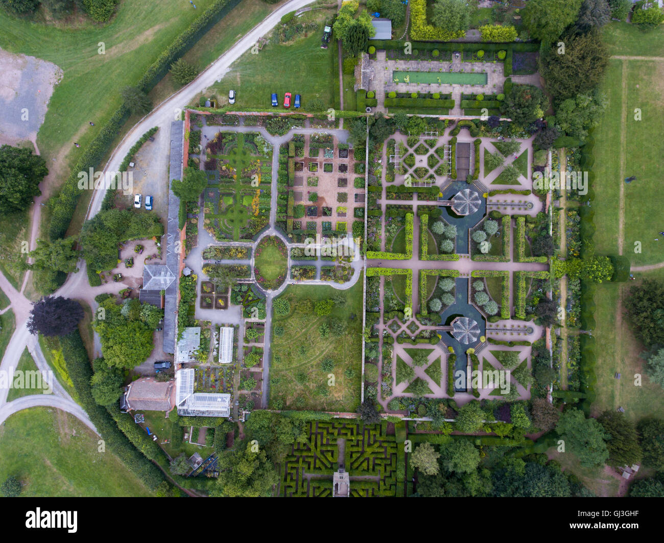 Arial voir jardin du château de Hampton Court, Herefordshire, Angleterre Banque D'Images
