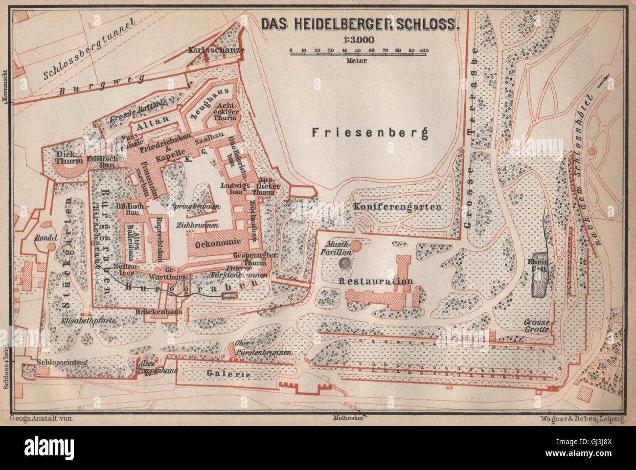 HEIDELBERGER SCHLOSS Castle. Plan au sol. Bade-wurtemberg karte, 1896 map Banque D'Images