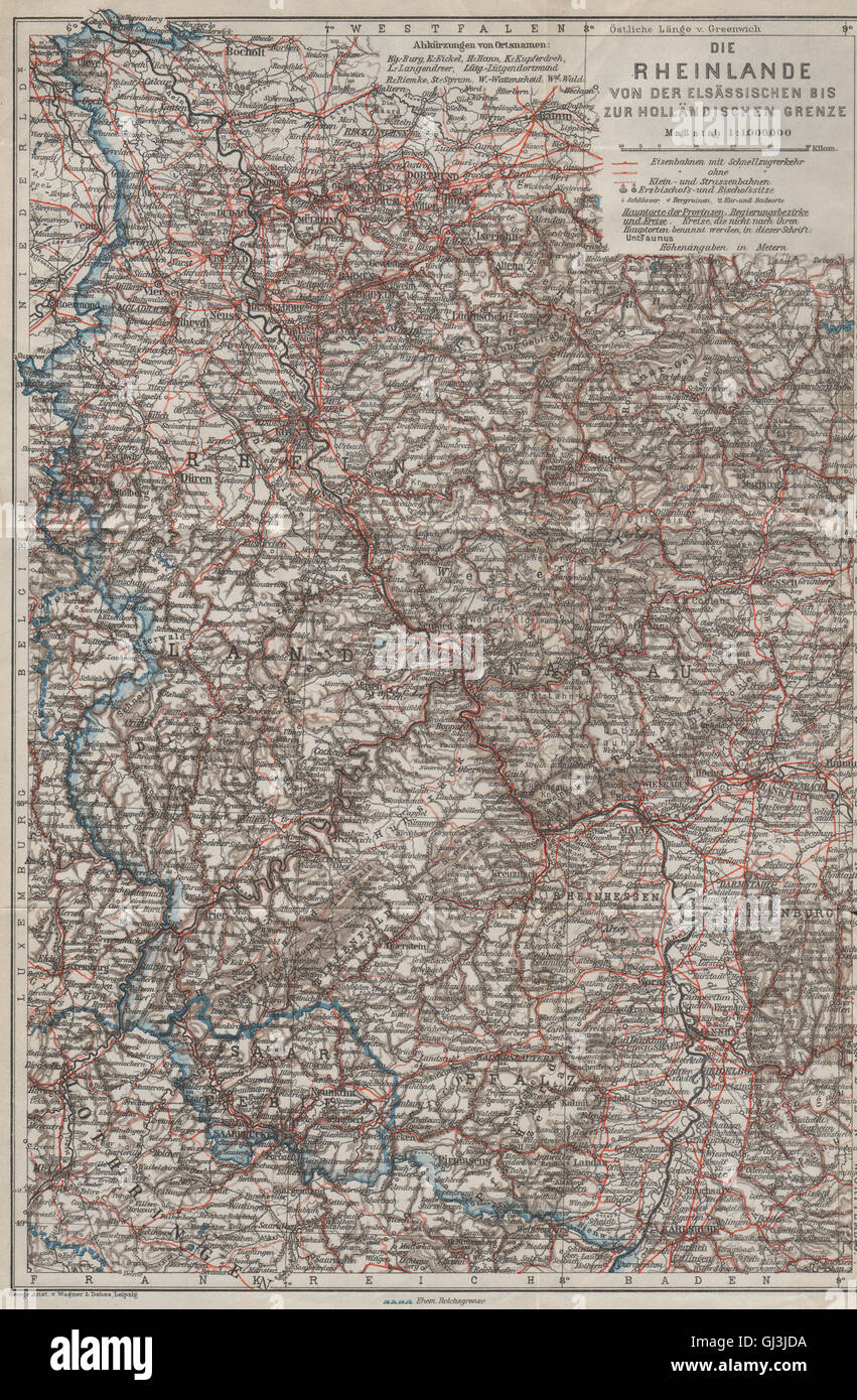 Allemagne Vallée du Rhin. Nordrhein-Westfalen. Rheinland-Pfalz. La Sarre, la carte 1926 Banque D'Images