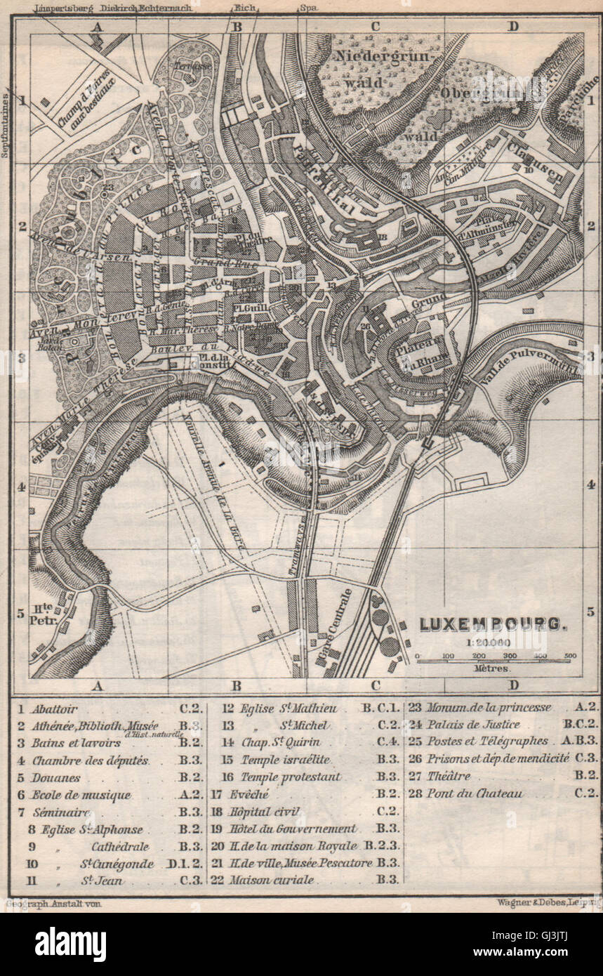 Luxembourg Luxembourg ville antique plan de ville carte. 1889 BAEDEKER, carte antique Banque D'Images