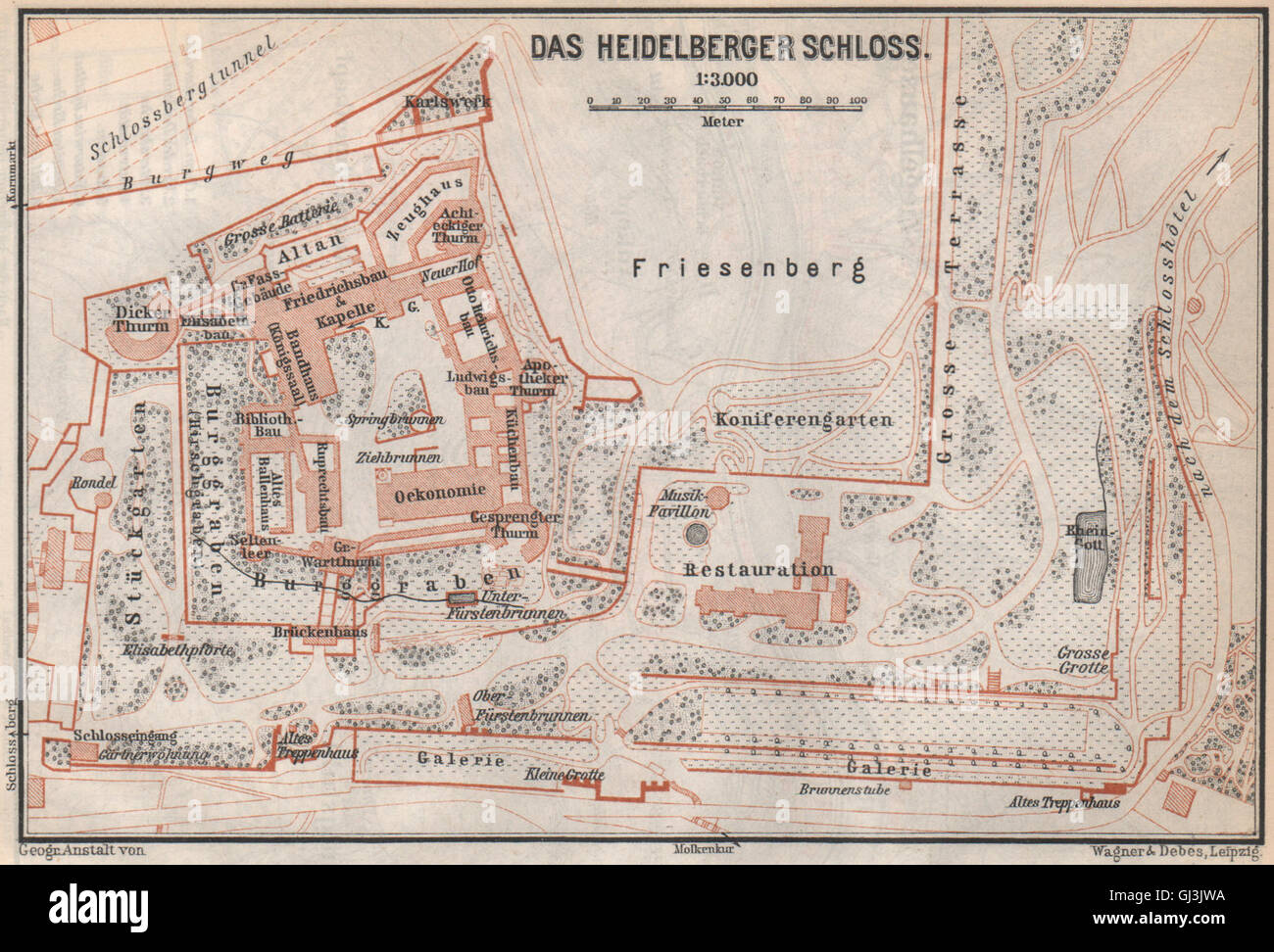 HEIDELBERGER SCHLOSS Castle. Plan au sol. Bade-wurtemberg karte, 1889 map Banque D'Images