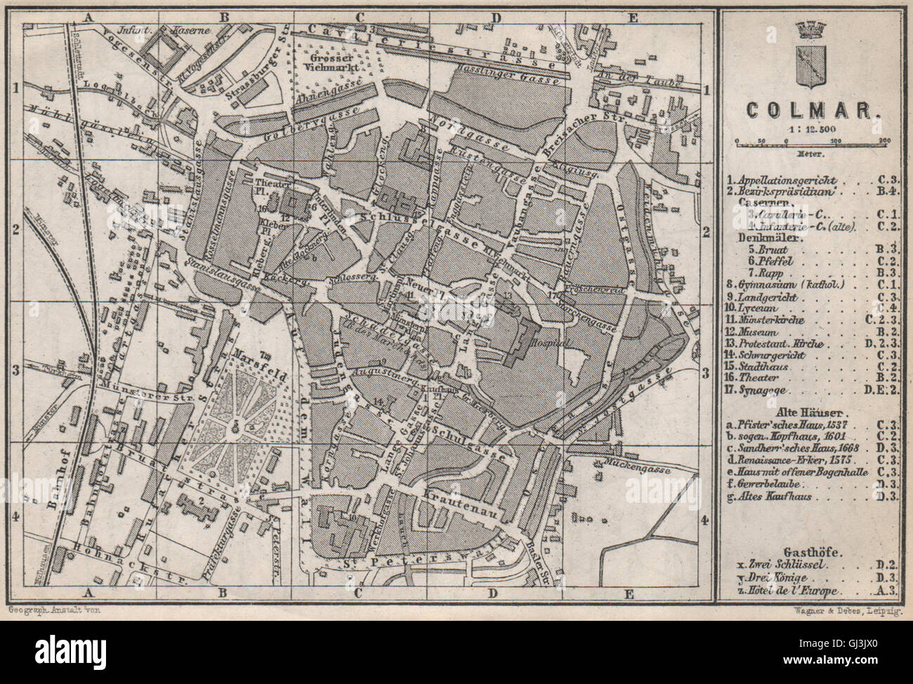 Plan de la ville ville de Colmar. Haut-Rhin, Alsace, France. Kolmar Colmer, 1889 Carte du site Banque D'Images