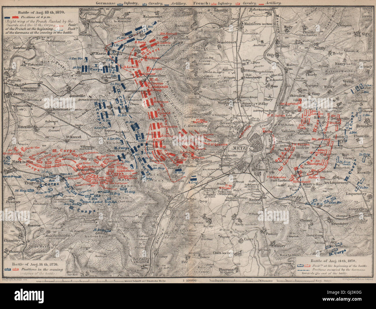La guerre francoprusse. Bataille de MarsLaTour BornyColombey 1870 Metz, 1892 map Photo Stock