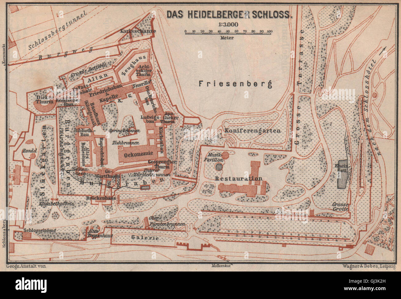HEIDELBERGER SCHLOSS Castle. Plan au sol. Bade-wurtemberg karte, 1892 map Banque D'Images