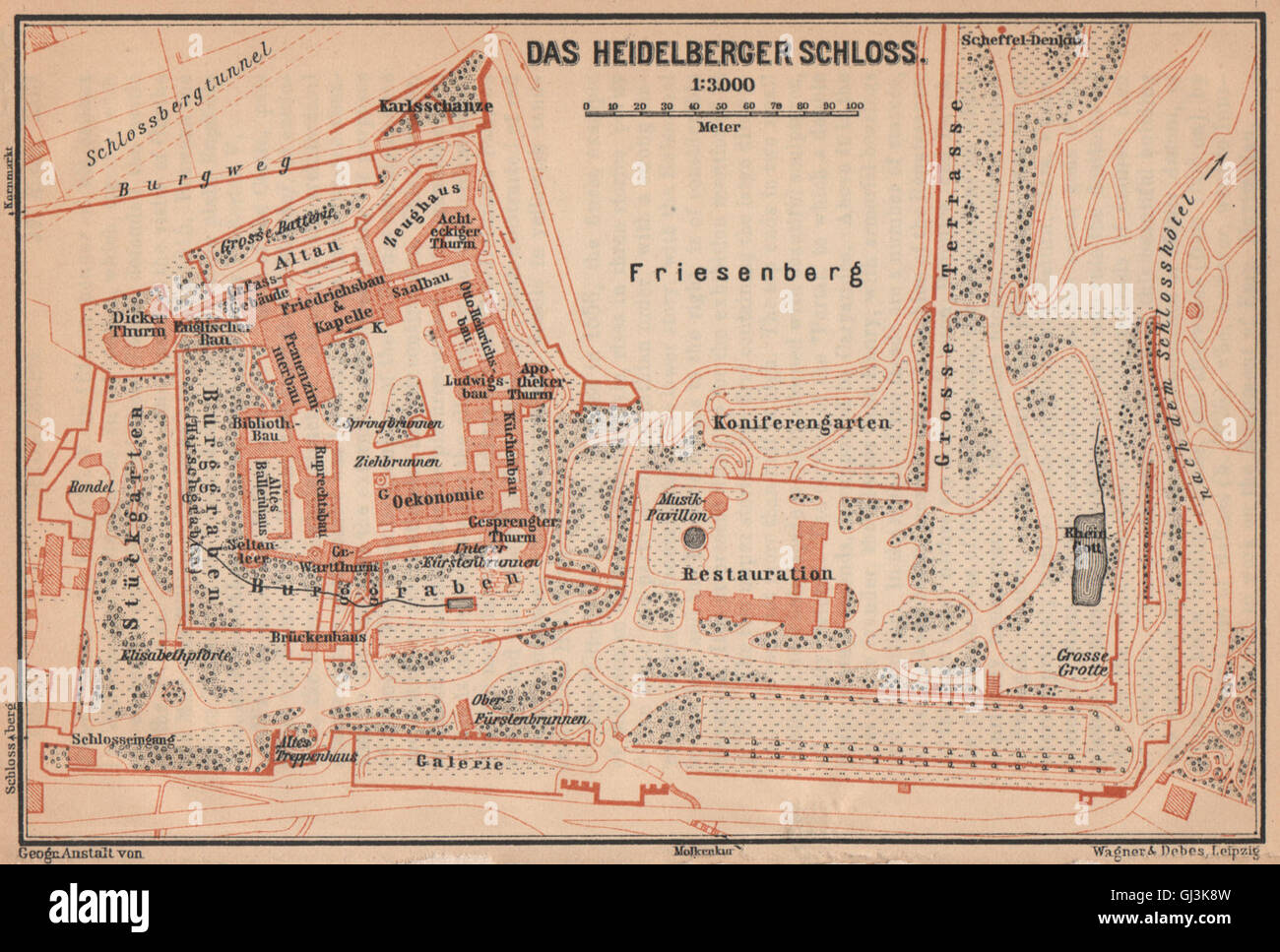 HEIDELBERGER SCHLOSS Castle. Plan au sol. Bade-wurtemberg karte, 1903 map Banque D'Images