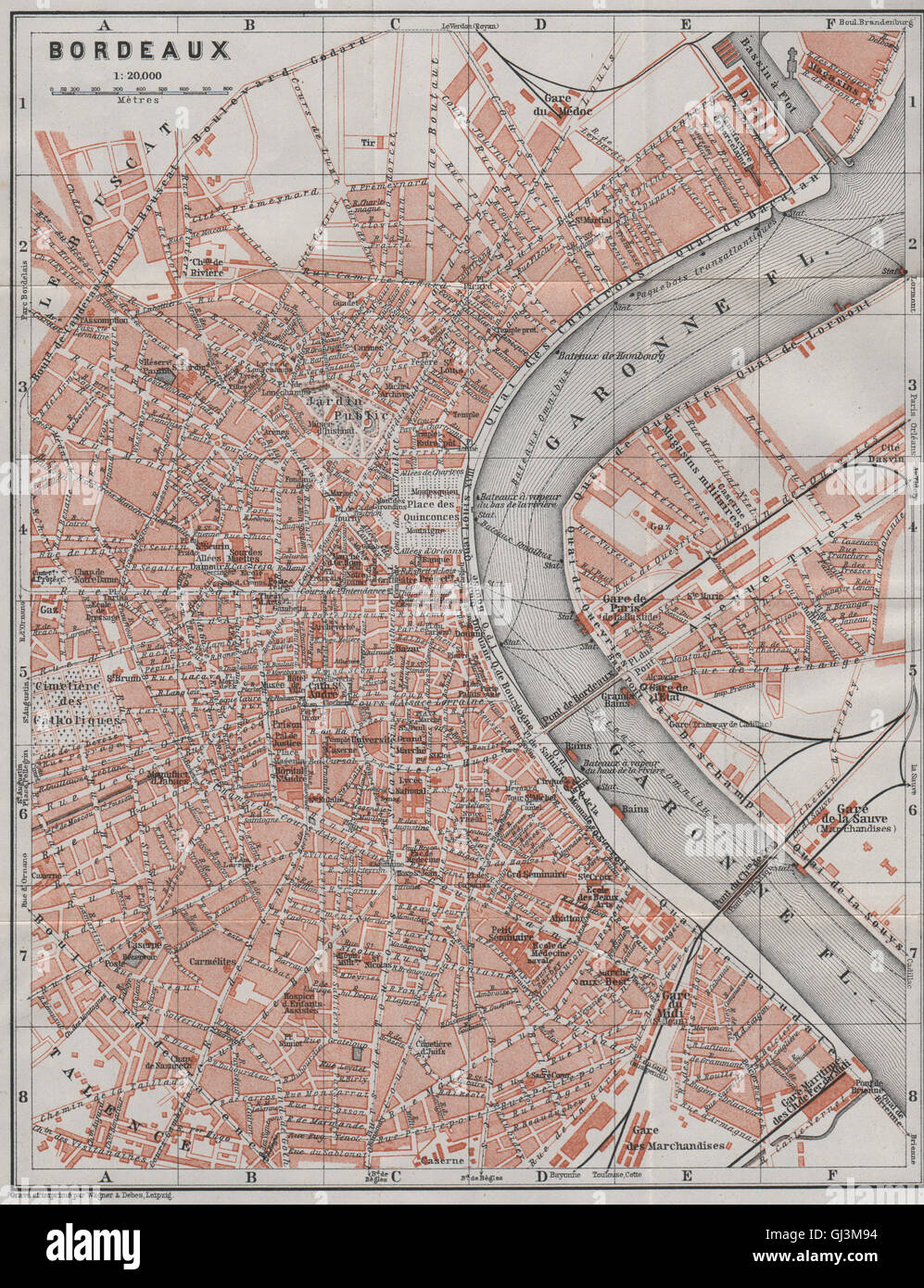 Plan de la ville de Bordeaux ville antique de la ville. Carte de la Gironde. Carte BAEDEKER, 1907 Banque D'Images