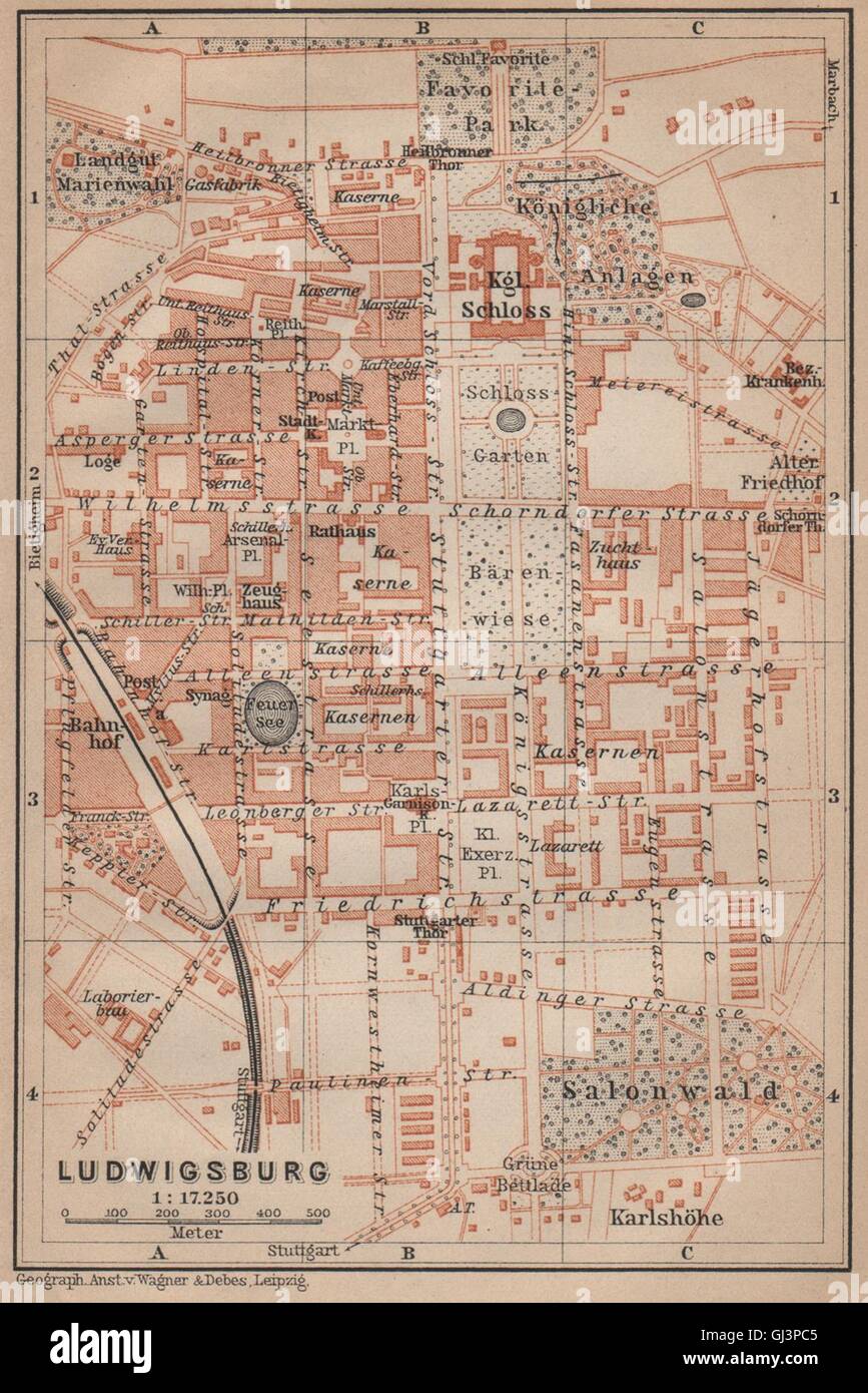 Ville stadtplan ville de Ludwigsburg. Le Bade-Wurtemberg. Schloss karte, 1907 map Banque D'Images