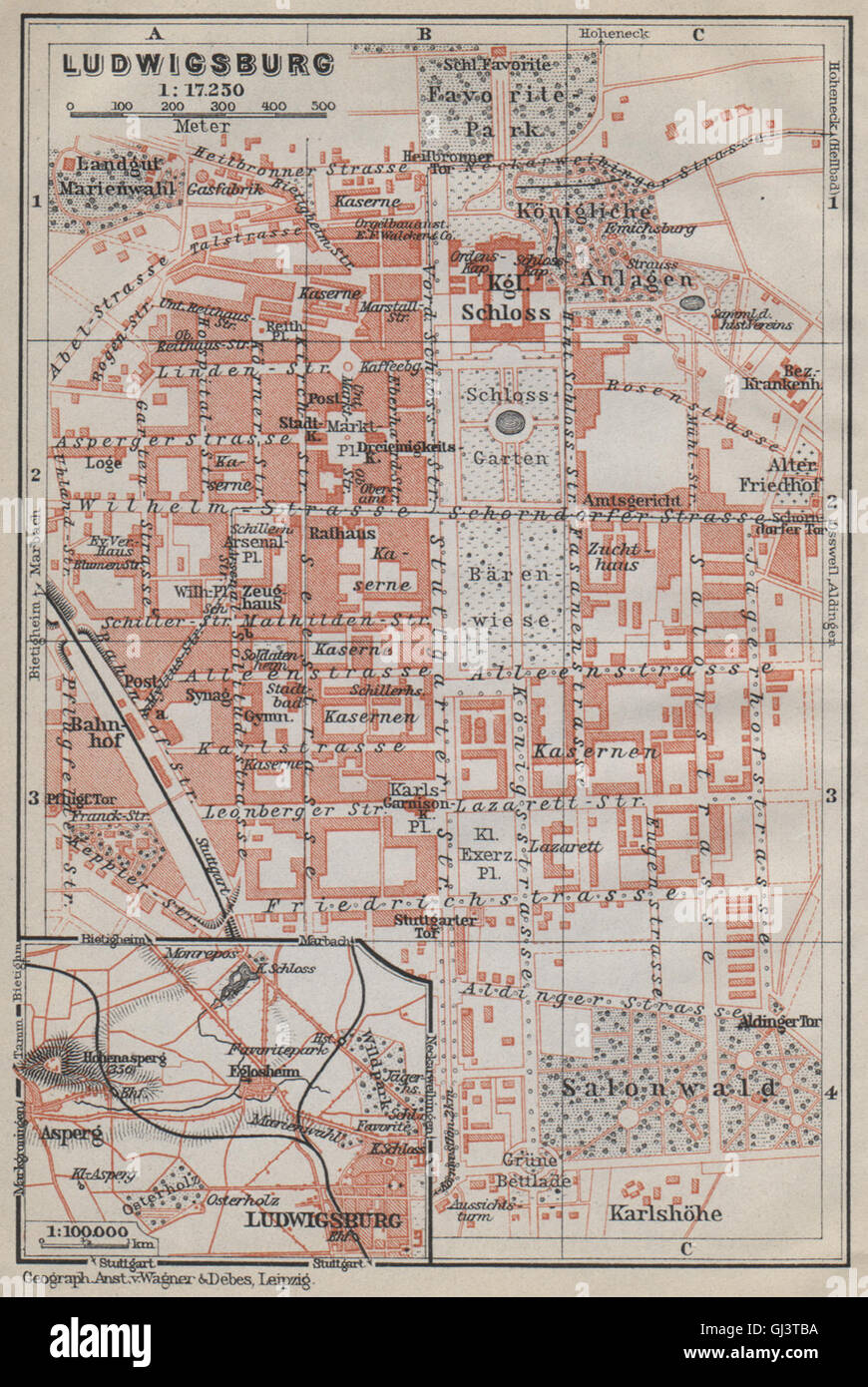 Ville stadtplan ville de Ludwigsburg. Le Bade-Wurtemberg. Schloss karte, 1914, carte Banque D'Images