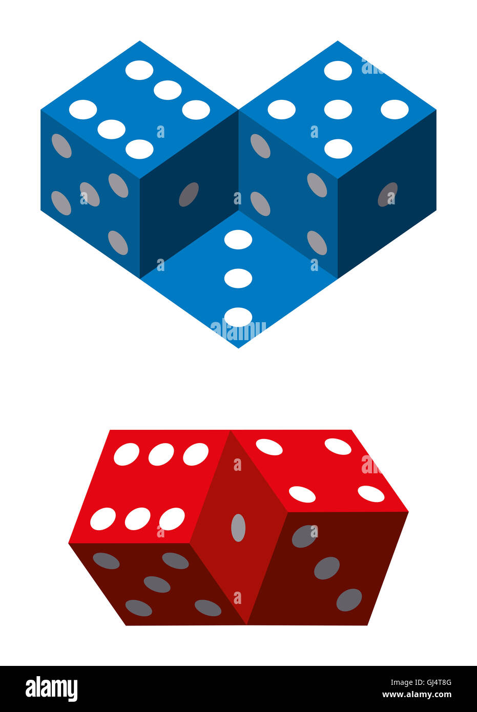 Illusions d'optique avec des dés. Illusion géométrique bleu et rouge avec des dés. Illustration sur fond blanc. Banque D'Images