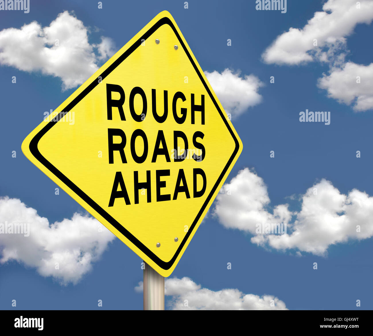Panneau d'avertissement jaune - Les routes difficiles de l'avant Banque D'Images