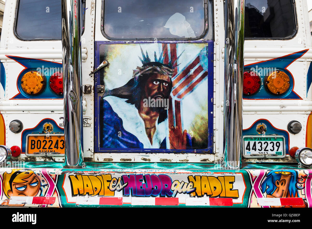 La ville de Panama, Panama - Mars 18, 2014 : Détail de l'arrière d'un diable rouge Bus (Diablo Rojo) dans la ville de Panama. Red Devil les bus sont pu Banque D'Images