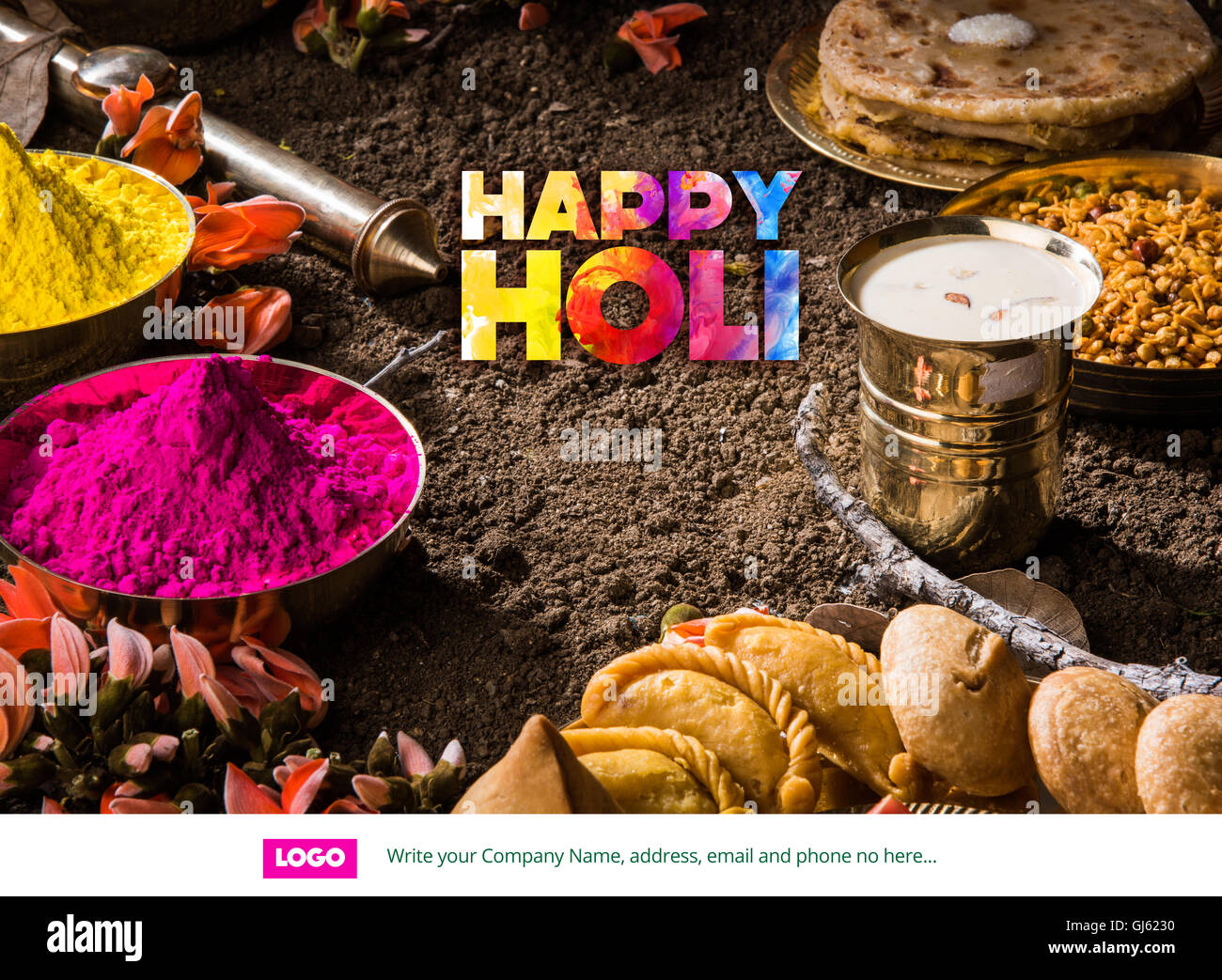 Happy holi holi, carte de vœux carte de vœux, souhaits de festival indien de couleurs appelé holi, meilleurs vœux Banque D'Images