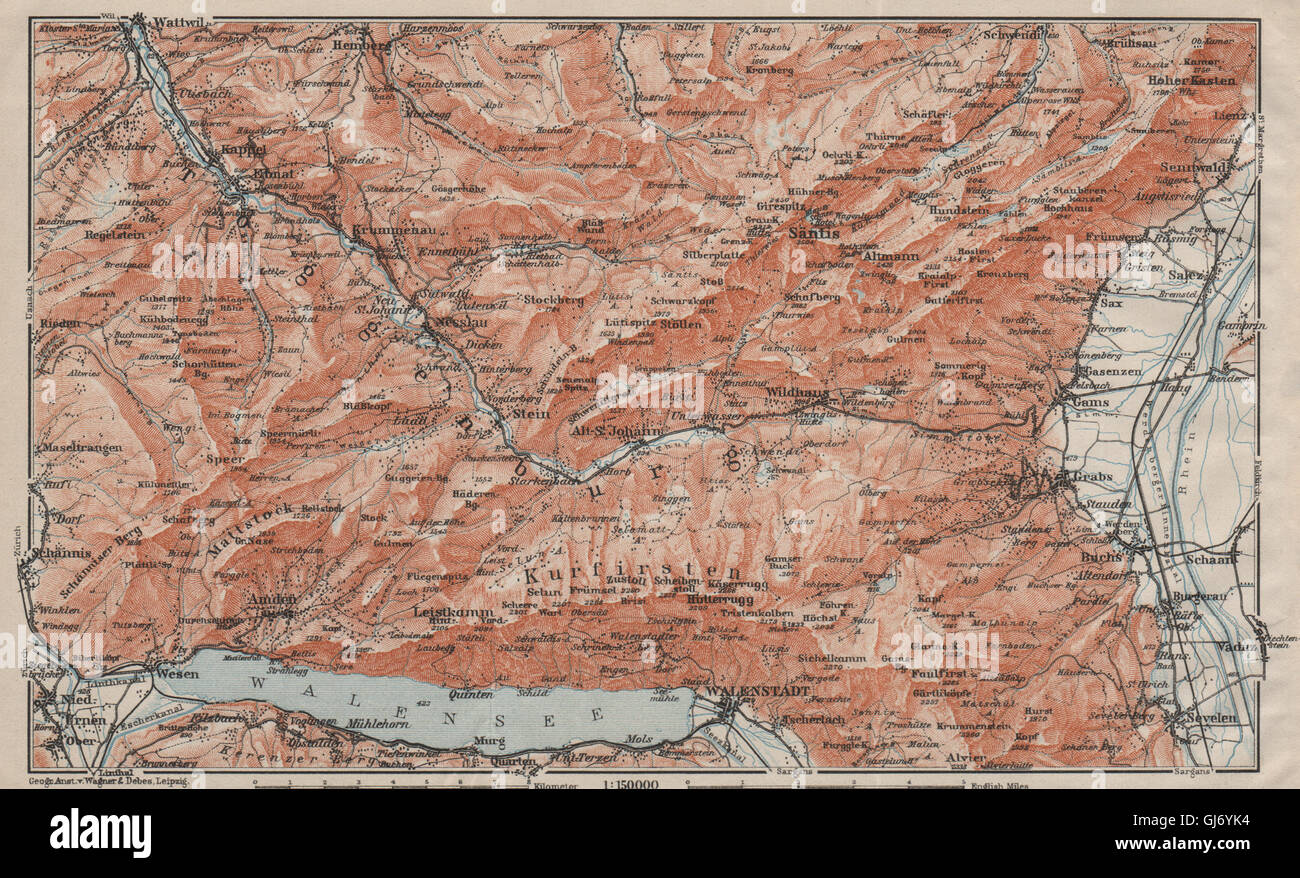 Vallée de la Thur.Toggenburg Unterwasser Säntis Alt St Johann Unterwasser, 1909 map Banque D'Images