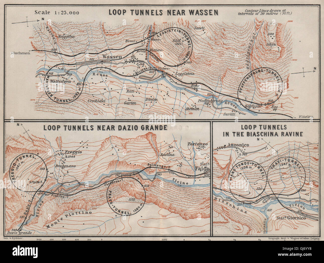 Chemin de fer du Saint-gothard/SPIRAL TUNNELS BOUCLE Wassen Freggio Prato Biaschina, 1909 map Banque D'Images