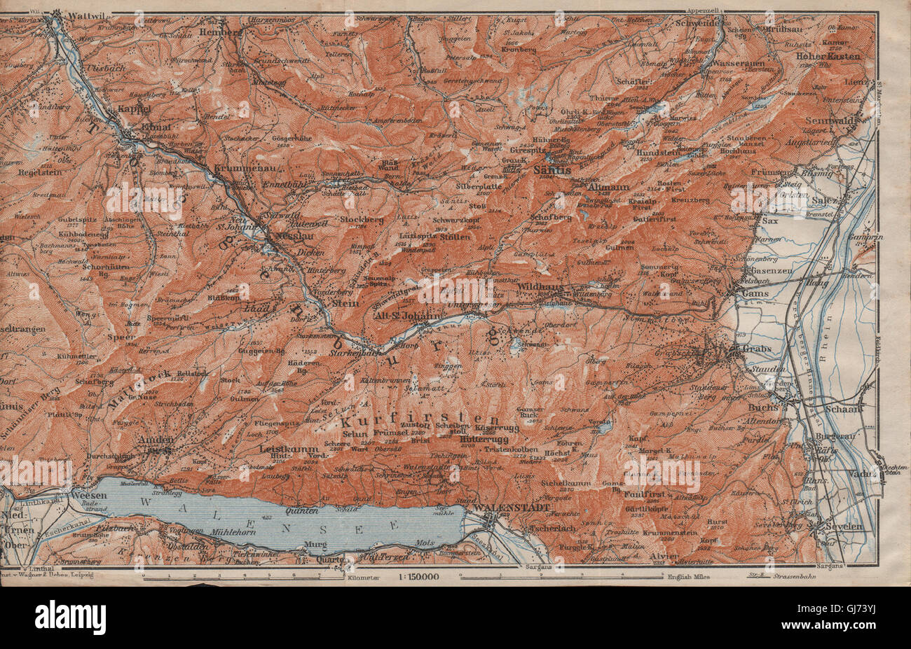 Vallée de la Thur.Toggenburg Unterwasser Säntis Alt St Johann Unterwasser, 1913 map Banque D'Images