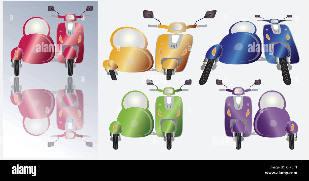 Jeu de moto et side-car scooter rétro , vue avant de nombreuses couleurs scooter sof Illustration de Vecteur