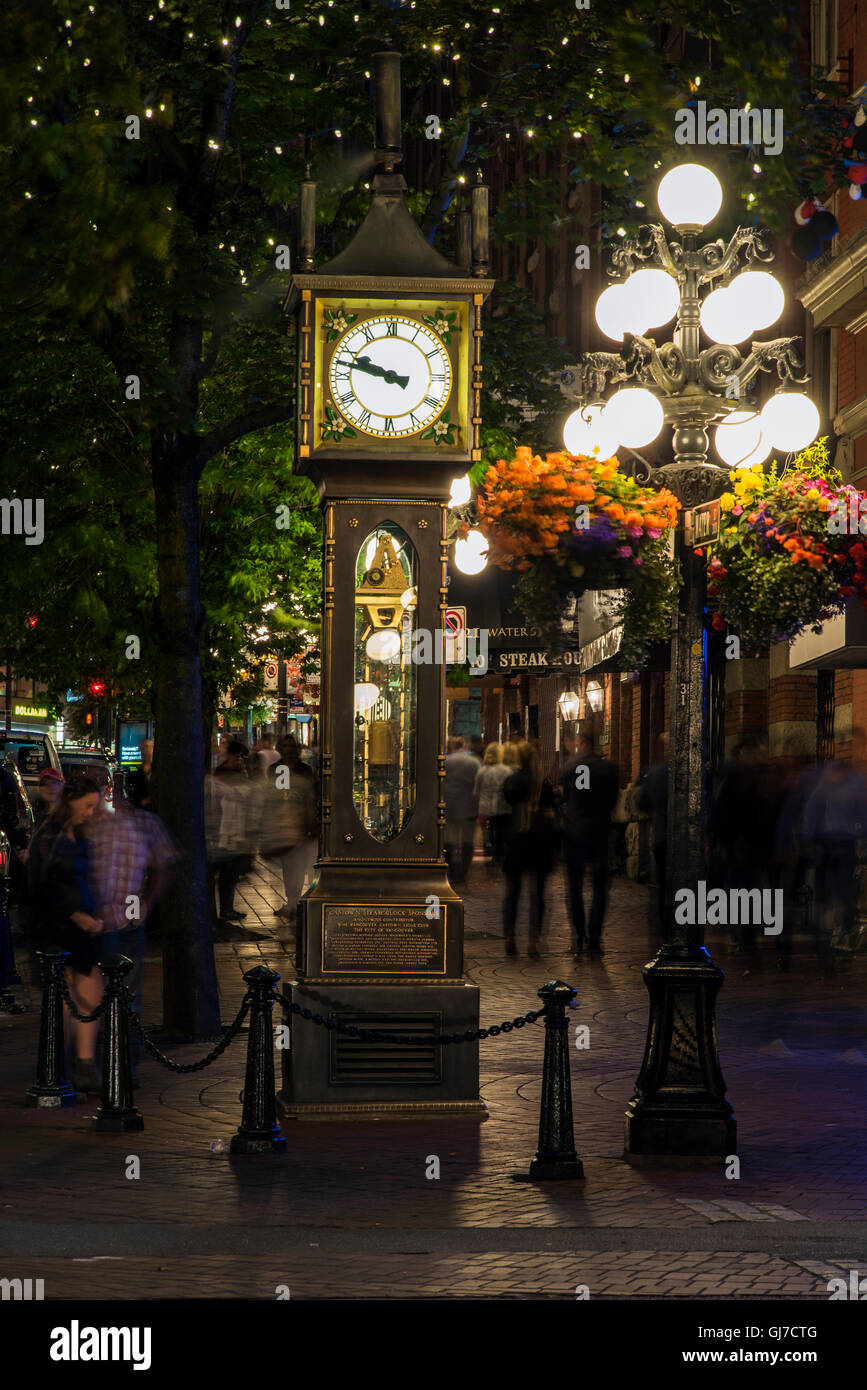 Vue de la nuit de l'horloge à vapeur de Gastown, Vancouver, British Columbia, Canada Banque D'Images