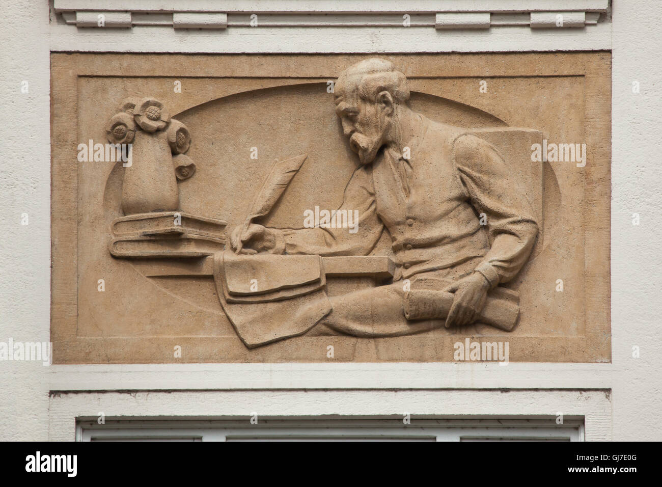 L'écrivain au travail l'illustre maison recettes Art Nouveau sur la place Wenceslas à Prague, République tchèque. Banque D'Images