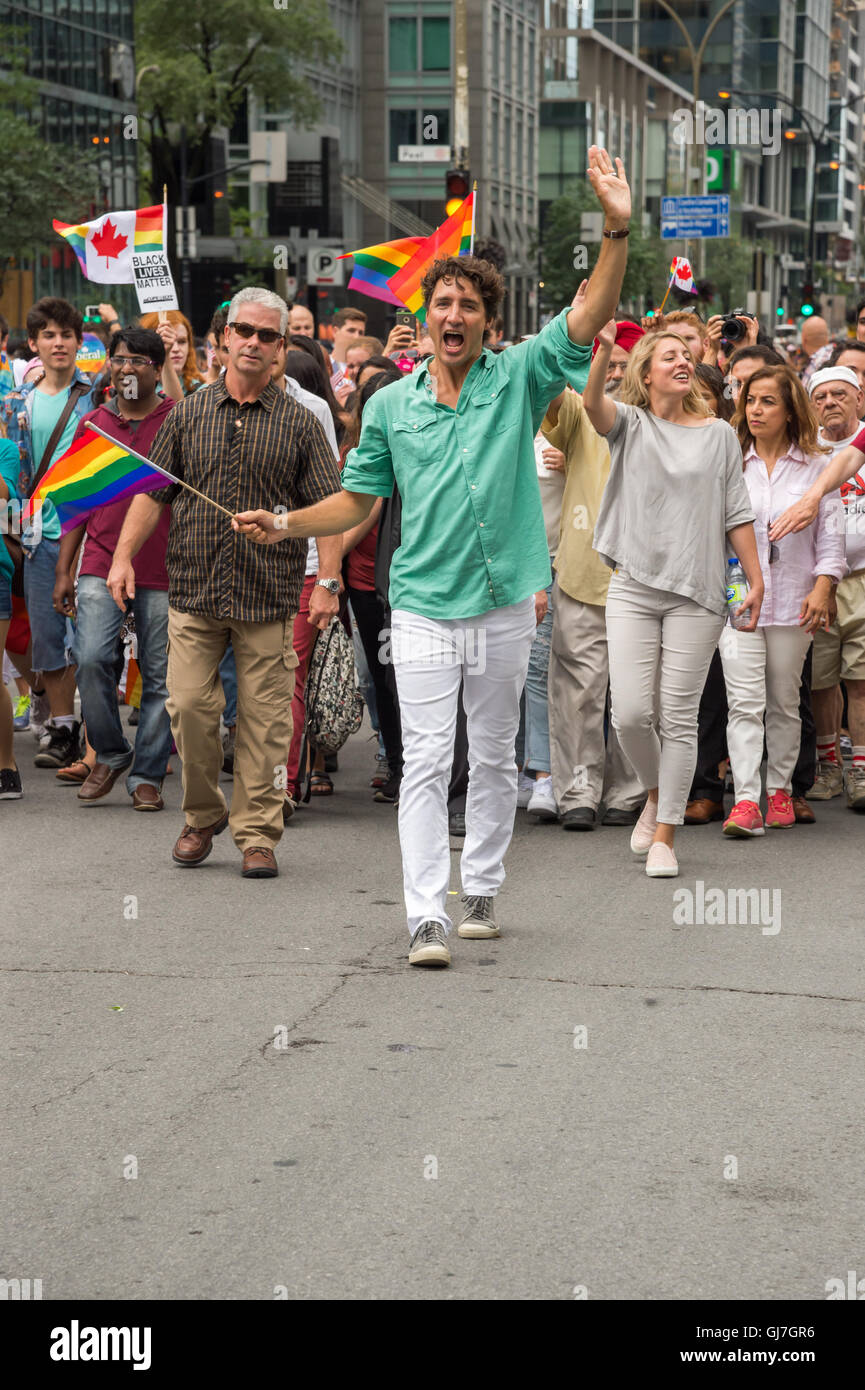 Montréal, Canada. 14 août, 2016. Le premier ministre du Canada, Justin Trudeau prend part au défilé de la fierté Montréal. Banque D'Images